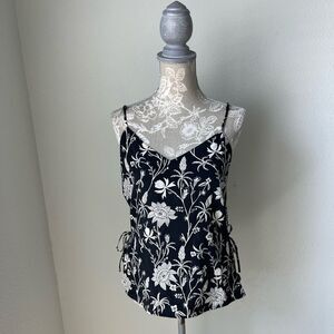 Scotch & Soda Maison Scotch Mix Media Side Tie Floral Tank in Black/ White